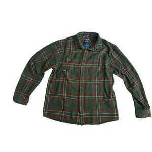 Kavu Flannel Shirt Mens Large 100% Cotton Button Up Green Brown Plaid